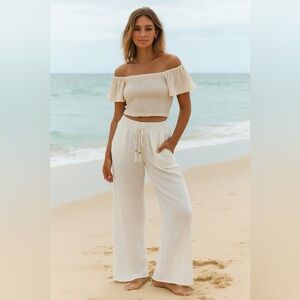 American Tall | White Gauzy Cotton Pull on Drawstring Wide Leg Pants Beachy